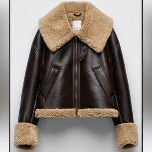 IRHAZ Brown Leather Sherpa Shearling Aviation Oversized Jacket